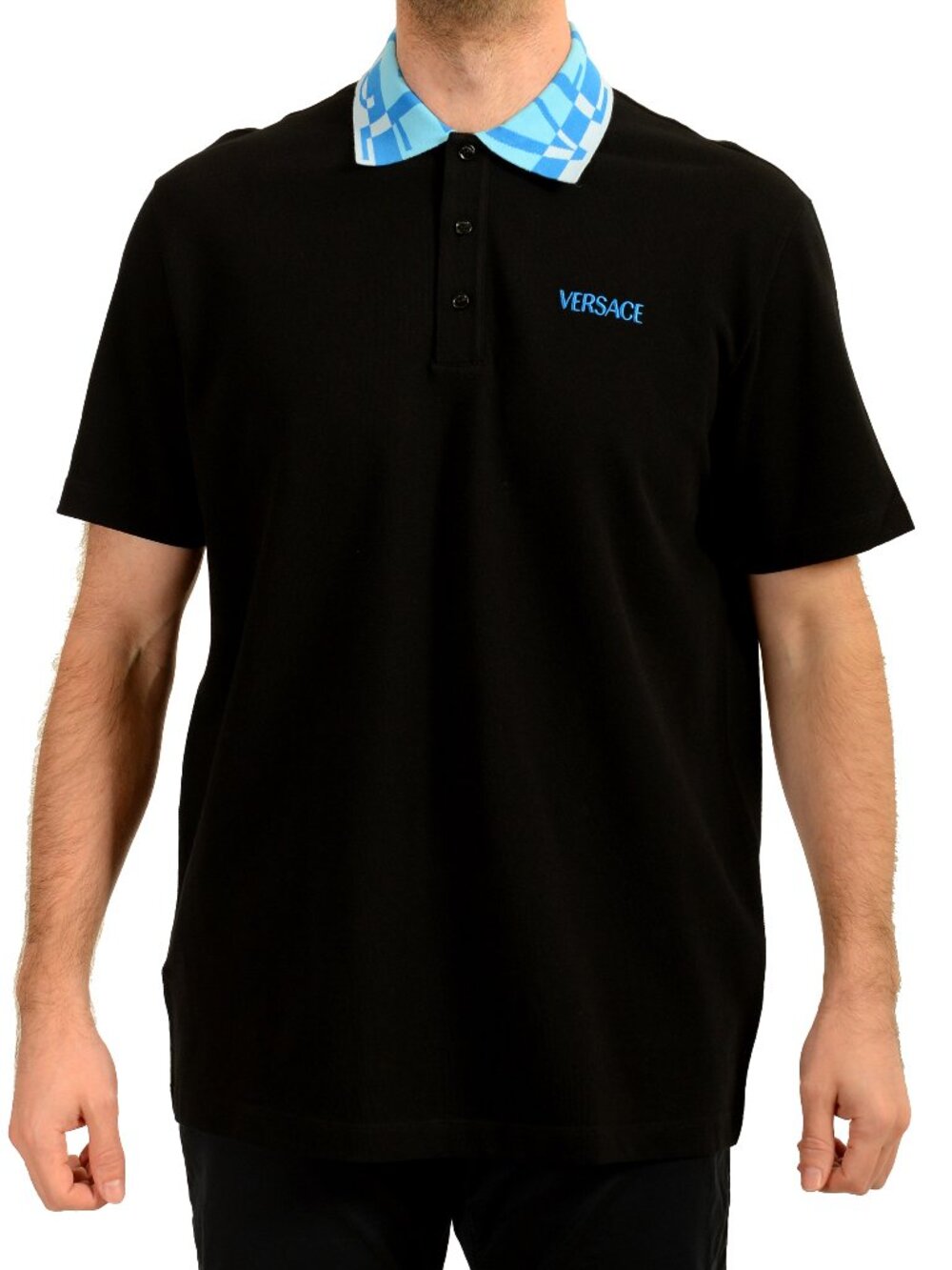 Versace Men's Black & Blue Logo Embroidery Short Sleeve Polo Shirt US XS IT 46